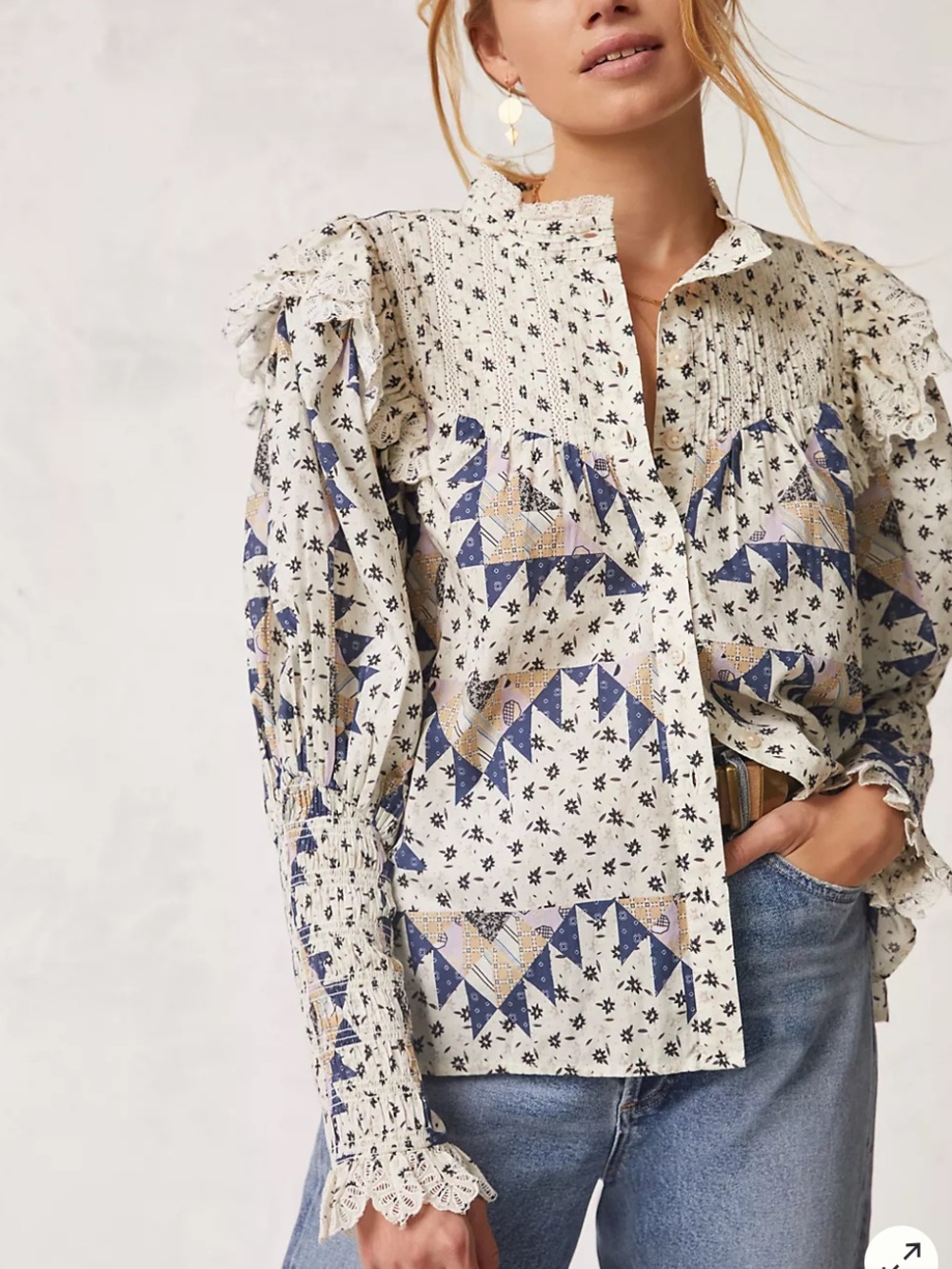 Anthropologie Cream Blouse with Blue and Tan Geometric Print
